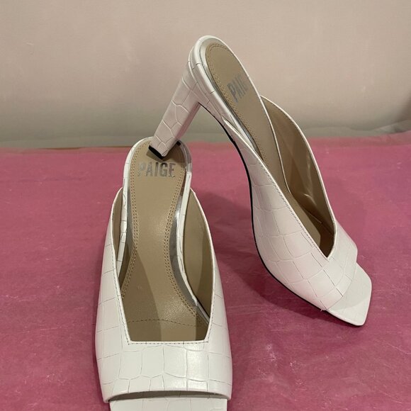 New Paige Crocodile Embossed White Leather High Heeled Open Toe Mules - Picture 2 of 4